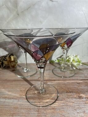 Set Of 3 Luminescence Flute Martini Handcrafted Romania Hand Blown Glasses